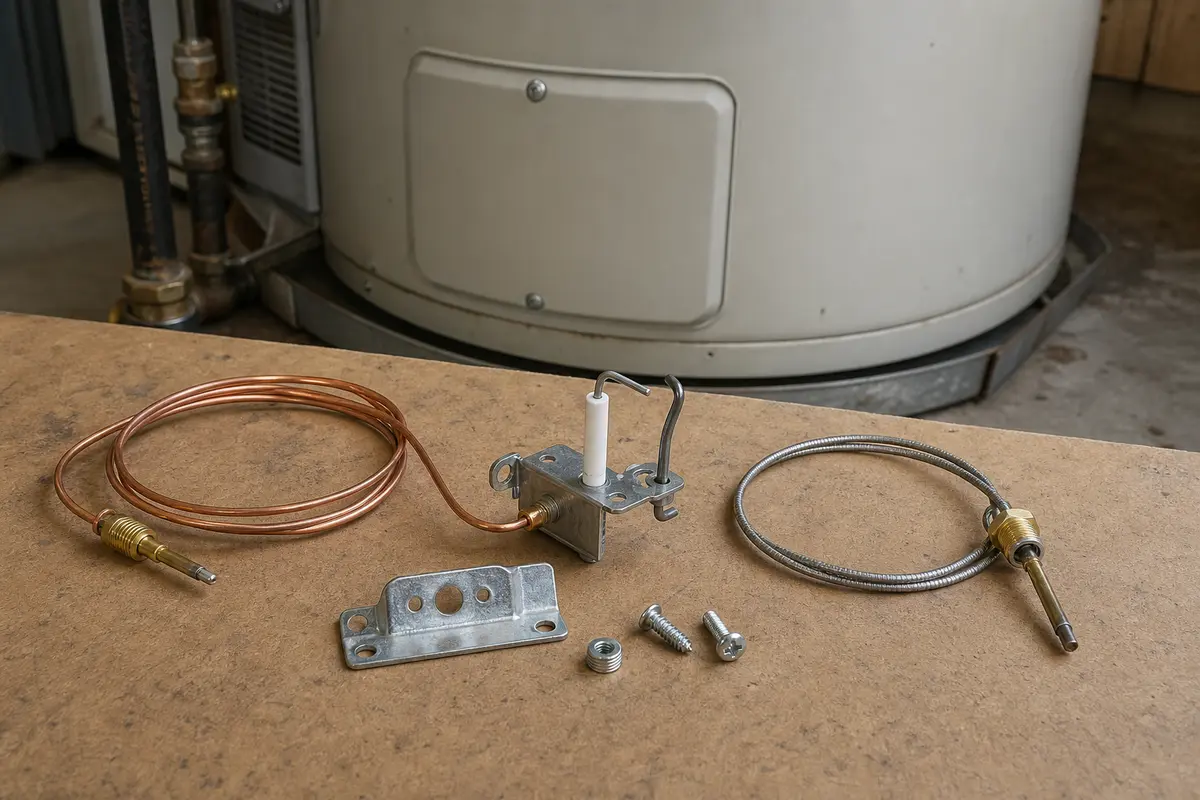Water heater pilot assembly replacement kit on a work surface