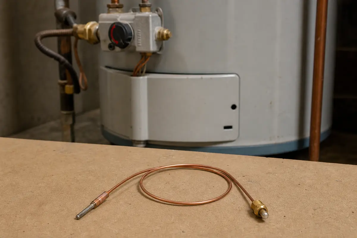 Water heater thermocouple replacement part on a work surface