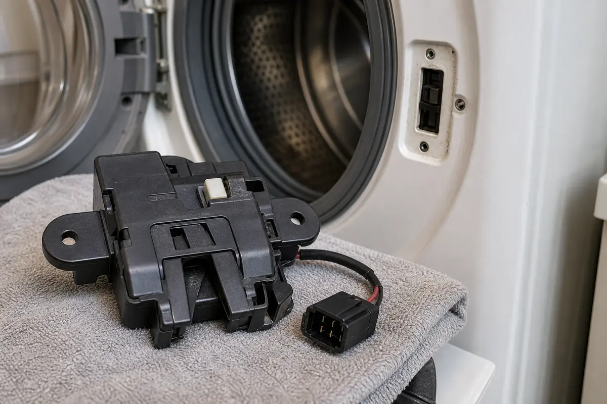 Front load washer door latch assembly with wiring connector beside the open washer