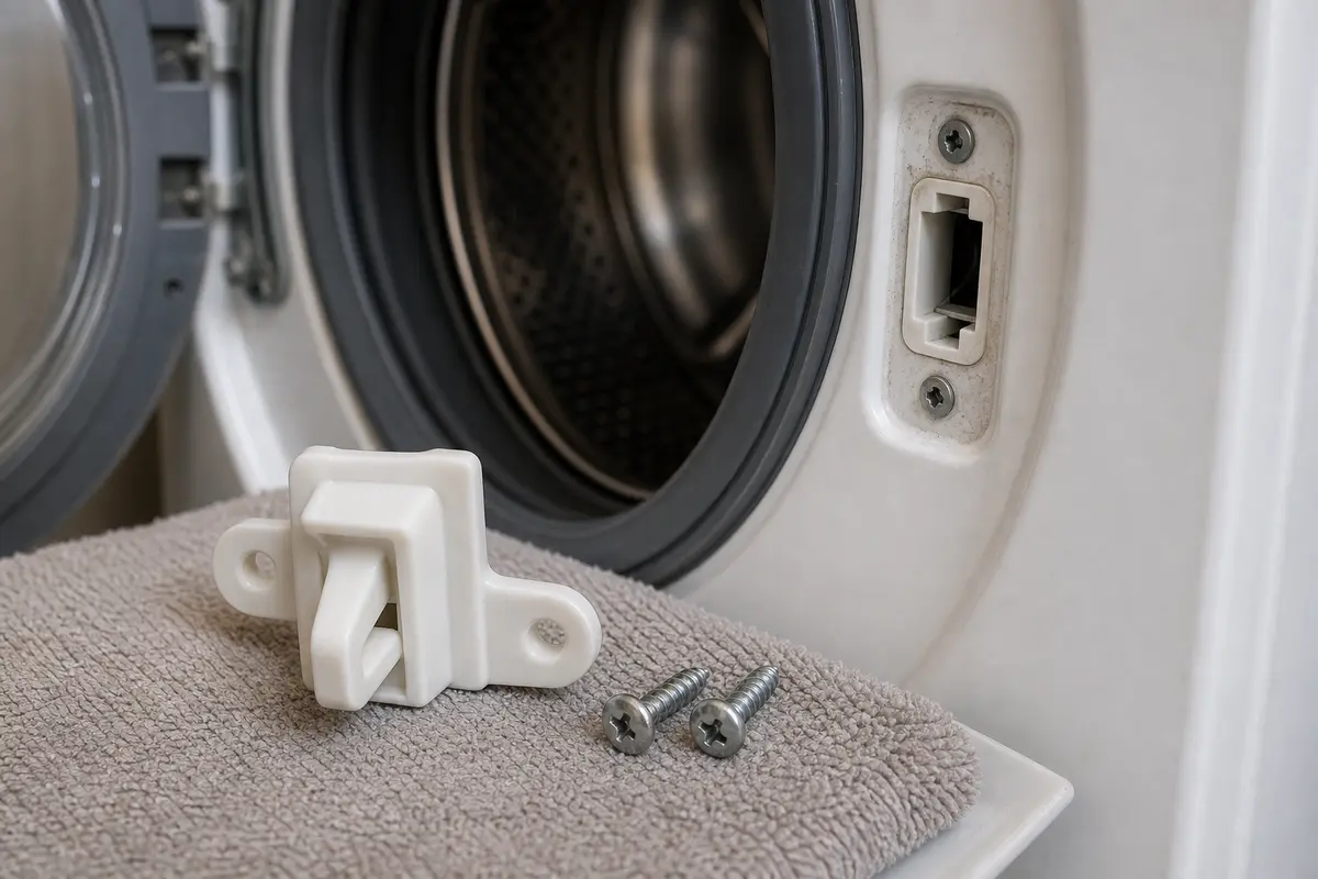Front load washer door strike and mounting screws beside the latch opening