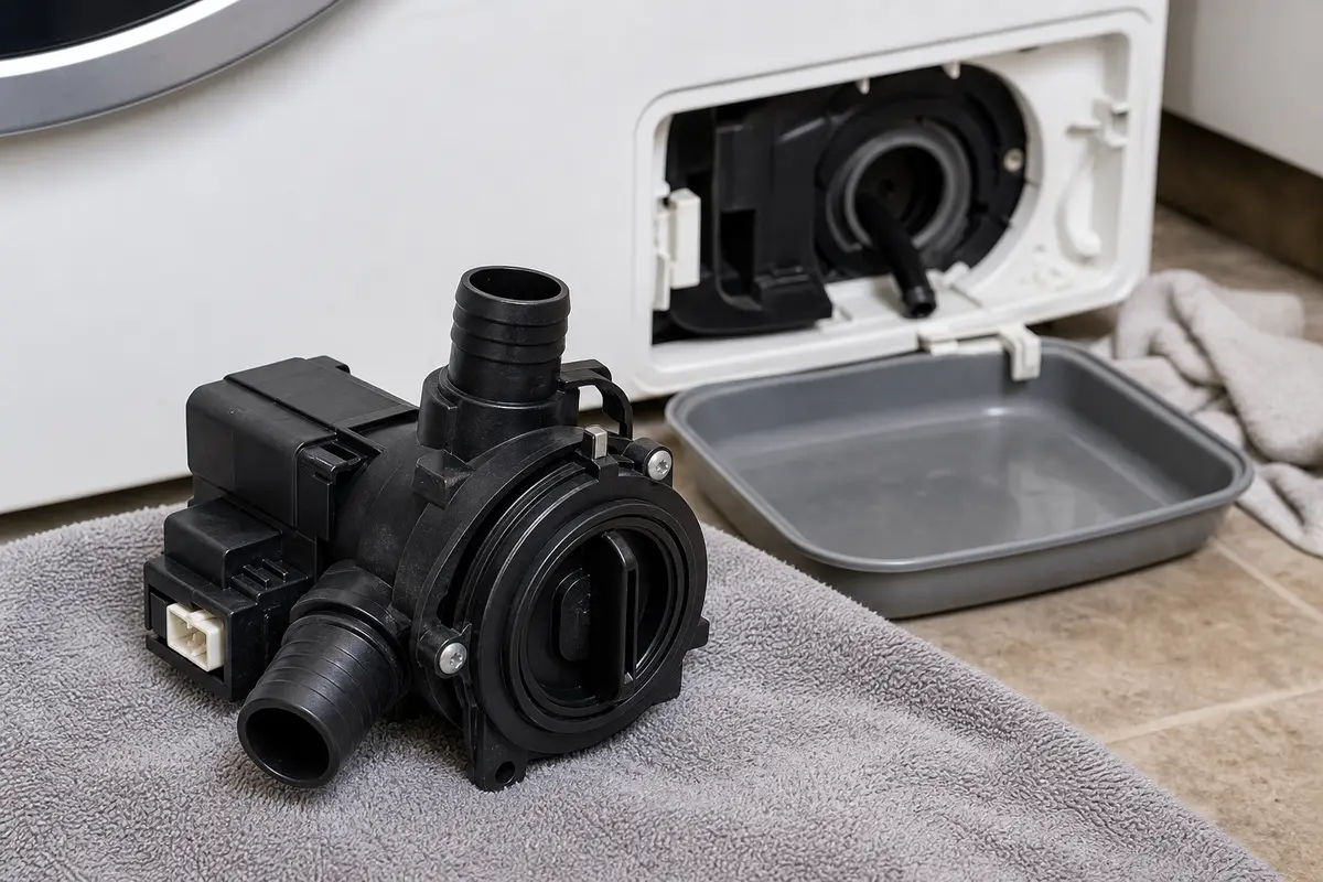 Washer drain pump assembly beside the lower filter access and drain pan