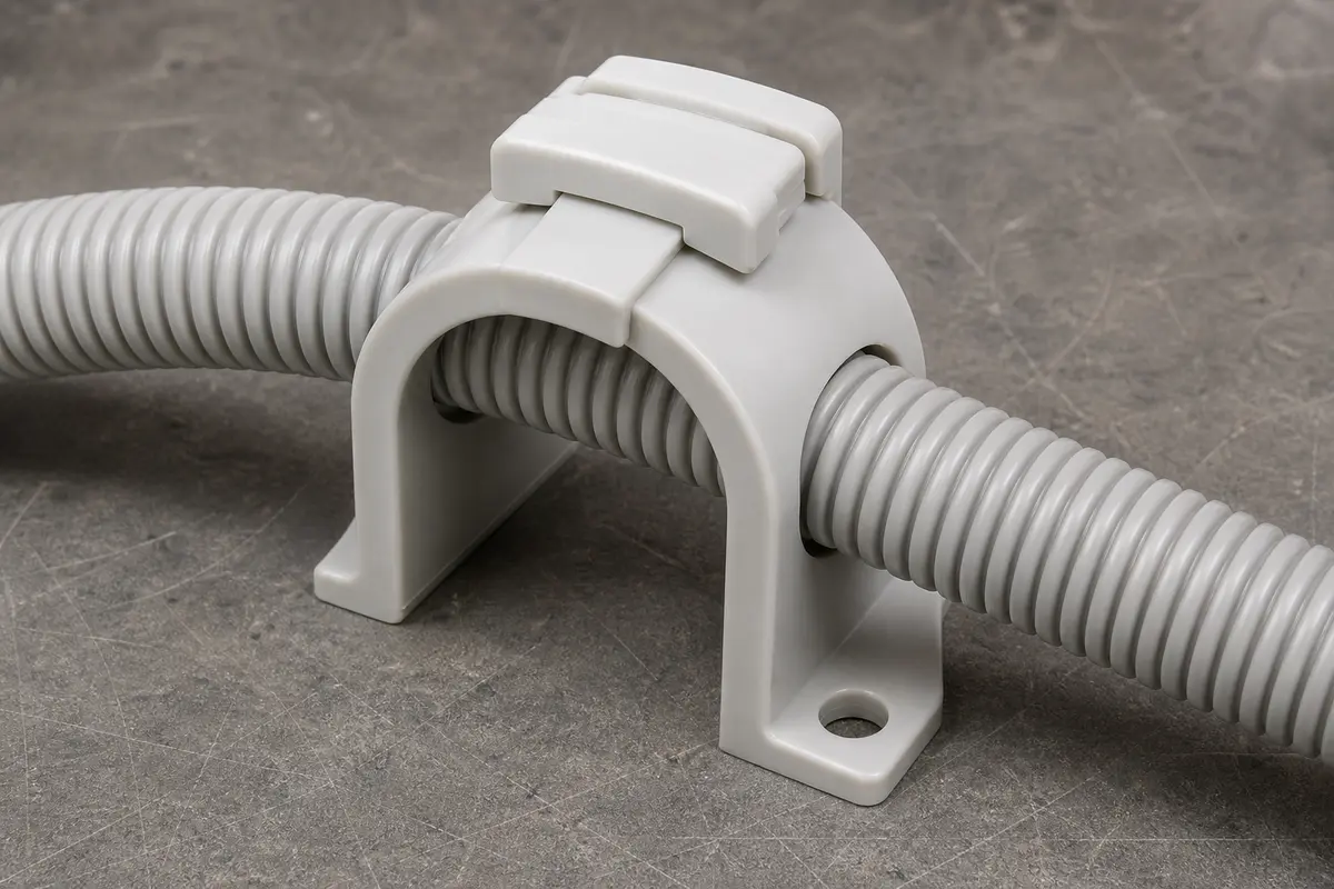 Washer drain-hose anti-siphon clip supporting corrugated hose sample on mounting foot