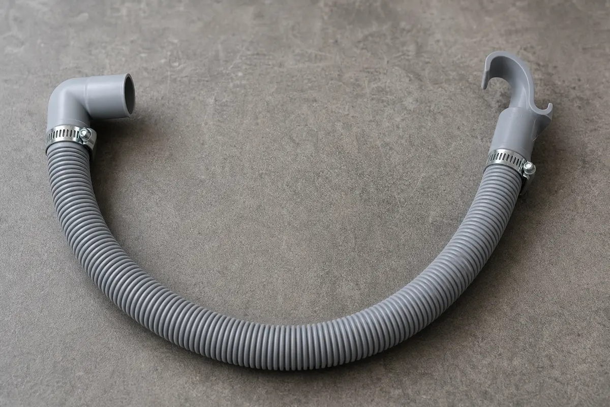 Corrugated GE-style washer drain hose with molded elbow hook guide and factory clamps