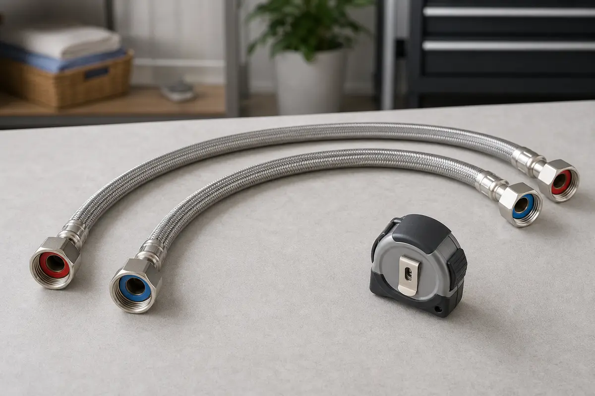 Pair of stainless washer fill hoses with four standard threaded couplings and a tape measure