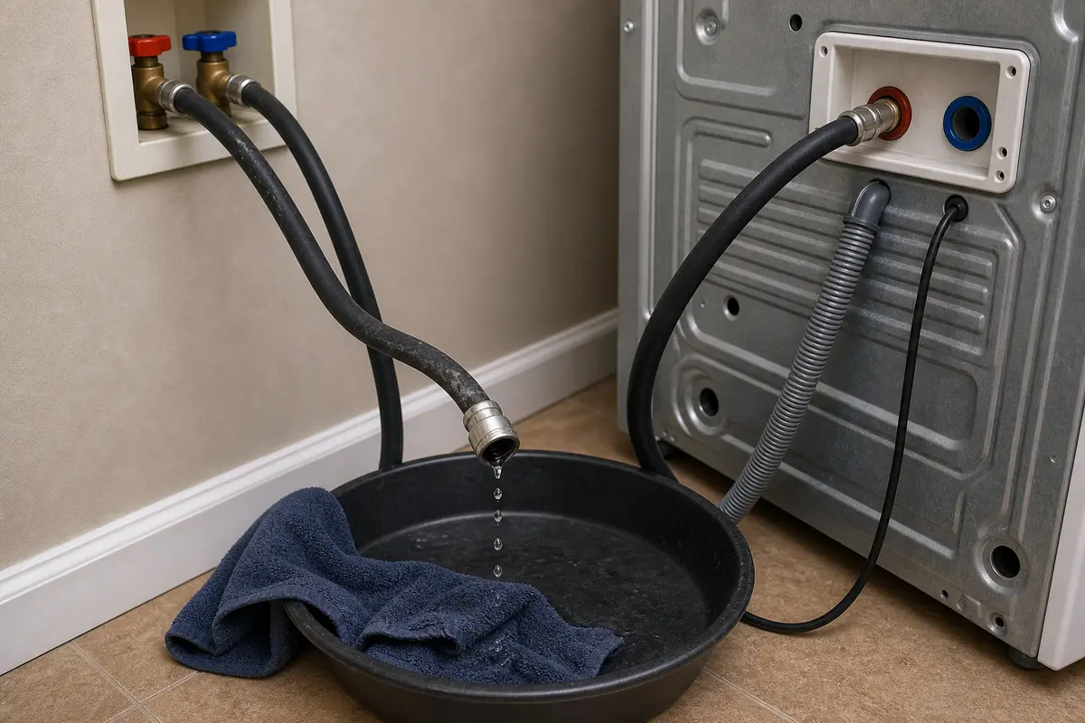 Washer fill hose being checked with a shallow pan during H2O Supply troubleshooting