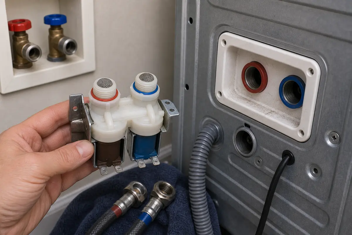 GE washer inlet valve and hose ports checked after supply path troubleshooting