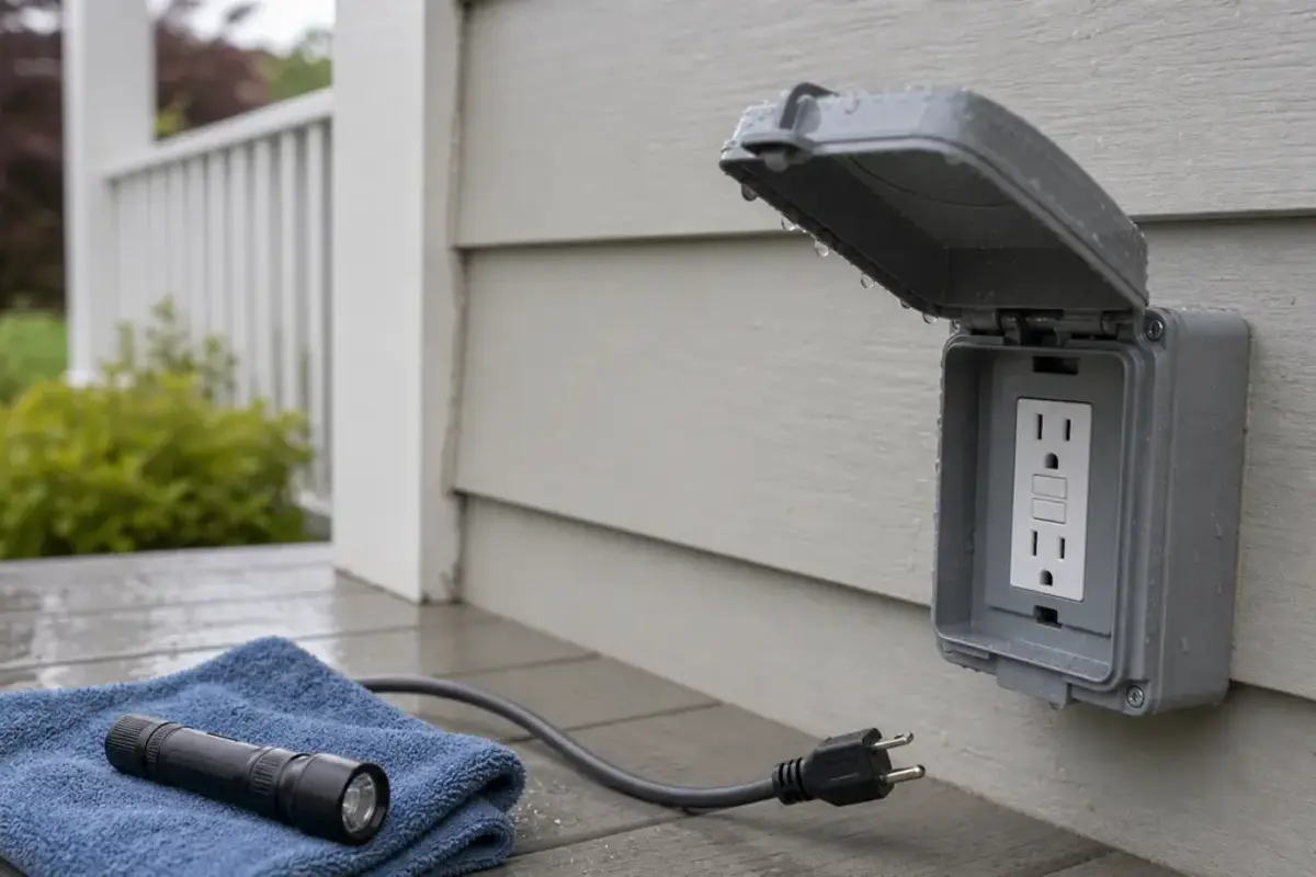 Weather-resistant GFCI receptacle in an outdoor covered box for damp-location replacement