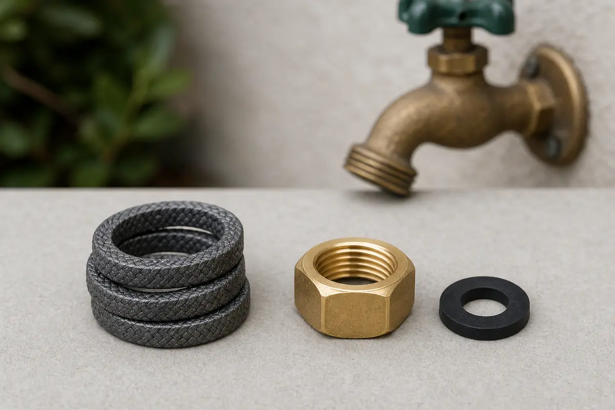 Hose bib stem packing kit with packing material and packing nut