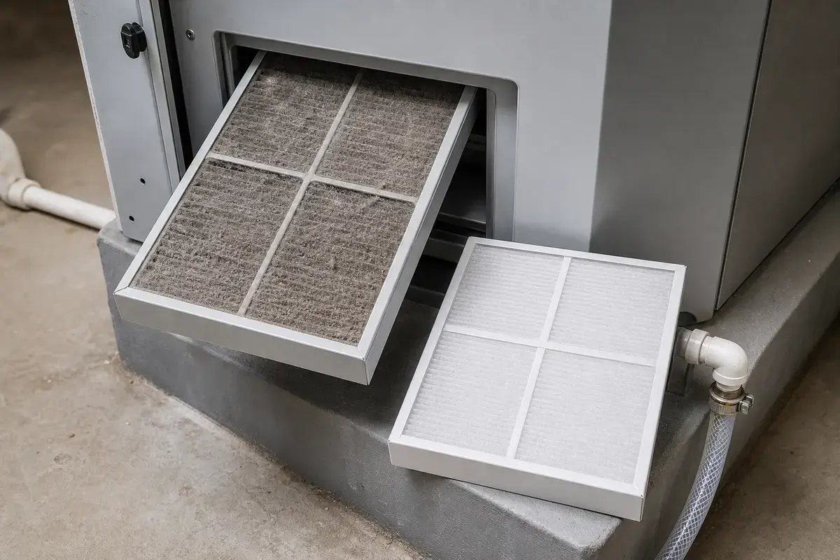 Replacement HRV or ERV filter compared with an older dirty ventilation filter