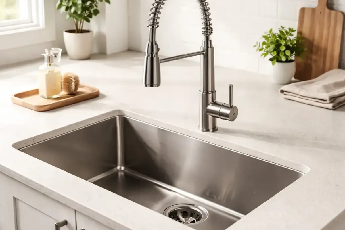 Kitchen sink basket strainer shown in the repair area for kitchen sink sewer smell