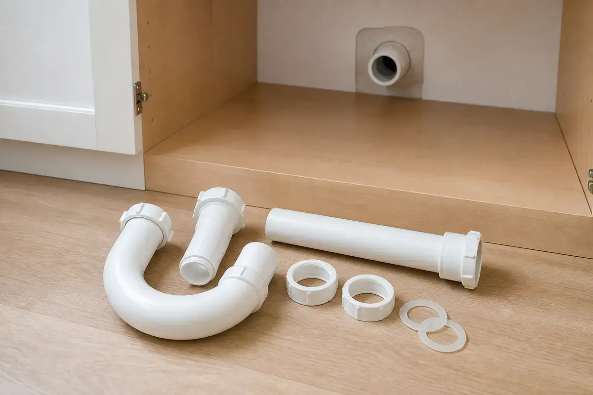 Kitchen sink P-trap kit shown in the repair area for kitchen sink sewer smell