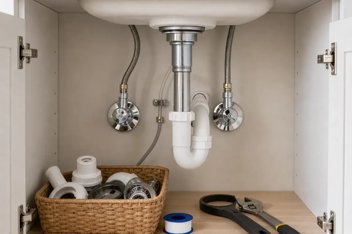 Kitchen sink tailpiece shown in the repair area for kitchen sink sewer smell