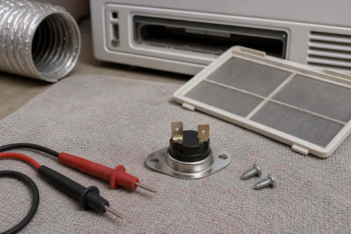 Dryer high-limit thermostat matched by terminal layout for long dry time diagnosis