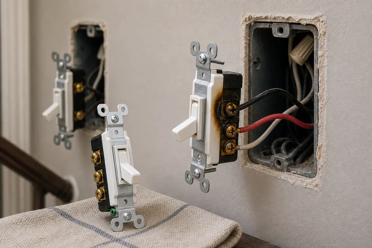 3-way light switch shown in the repair area for light switch smells like burning