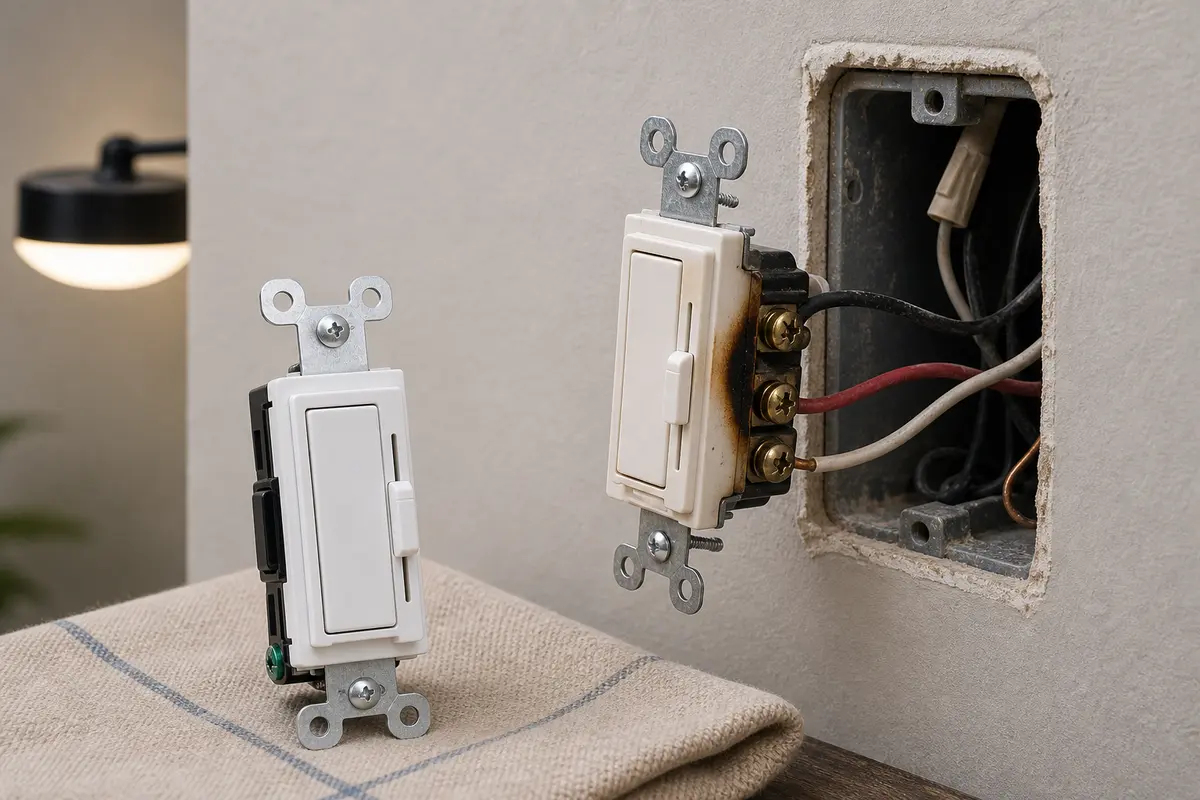 LED-compatible dimmer switch shown in the repair area for light switch smells like burning