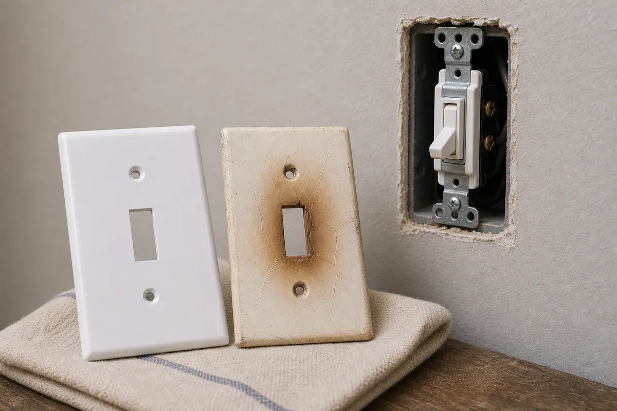 Light switch wall plate shown in the repair area for light switch smells like burning