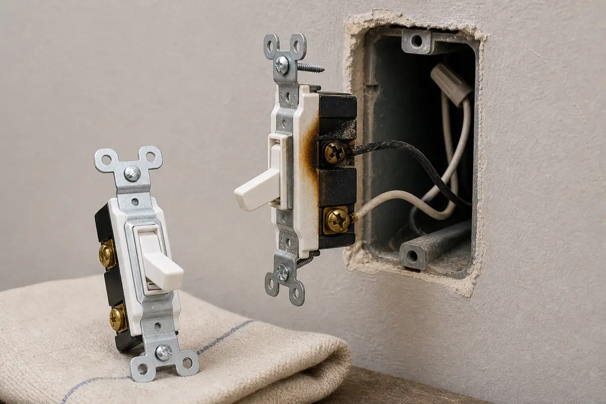Single-pole light switch shown in the repair area for light switch smells like burning