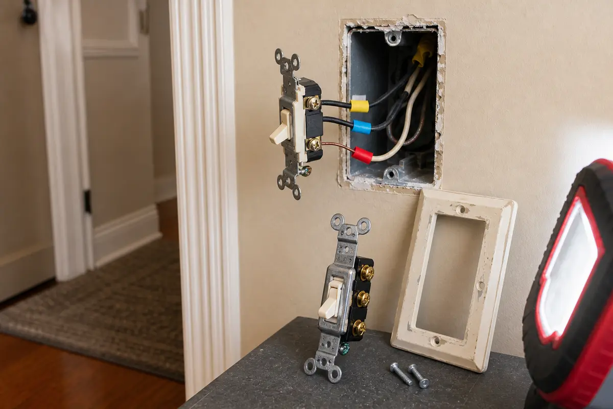 3-way light switch shown in the repair area for light switch wont stay in position