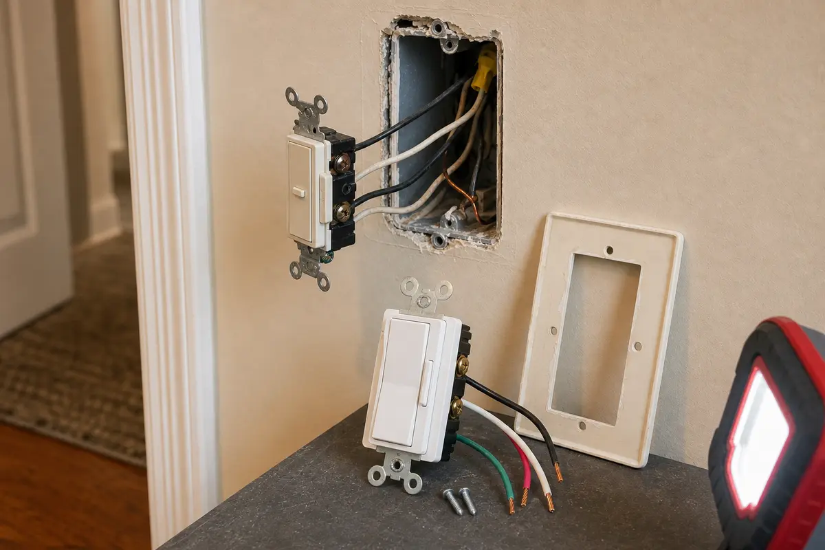 Dimmer light switch shown in the repair area for light switch wont stay in position