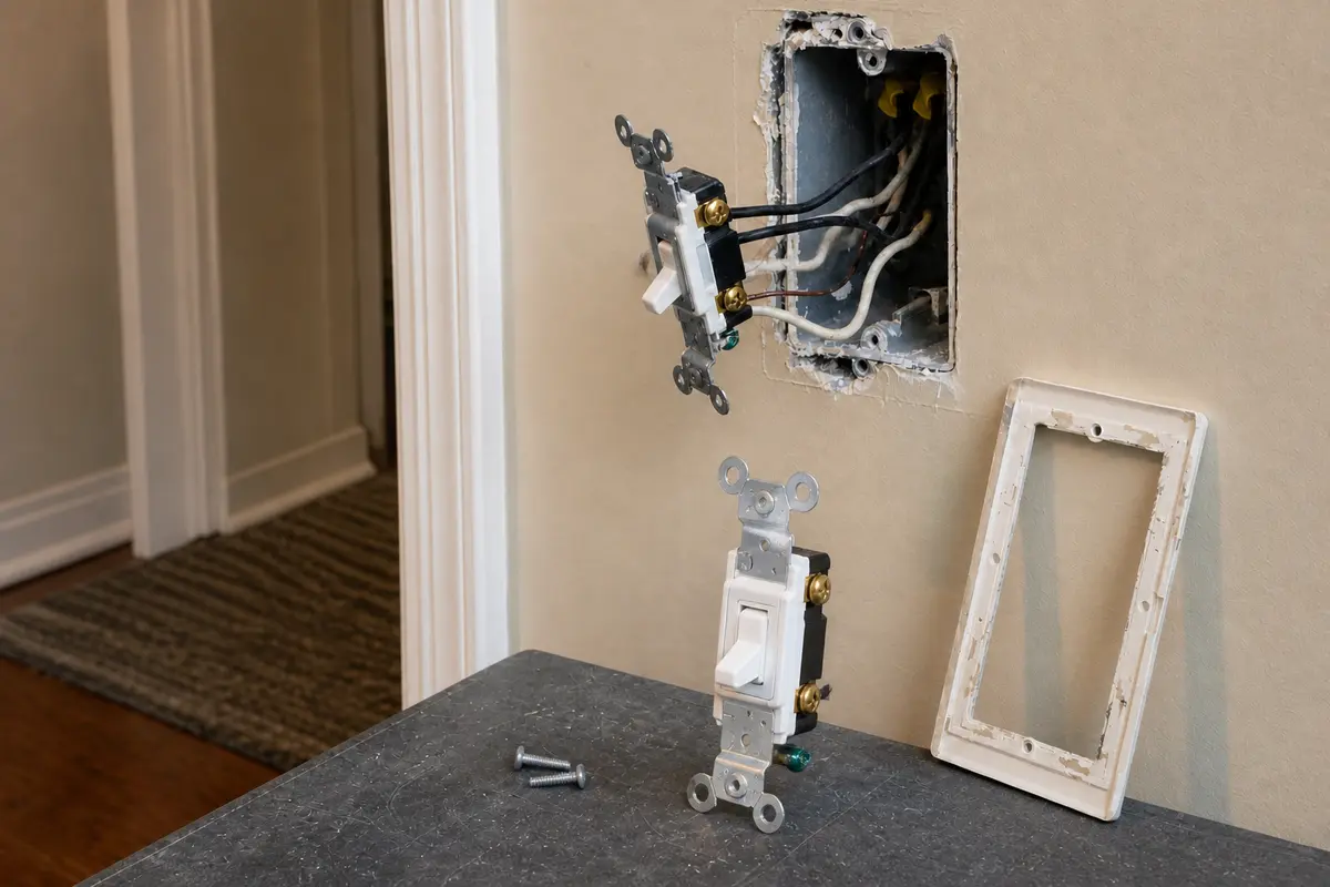 Single-pole light switch shown in the repair area for light switch wont stay in position
