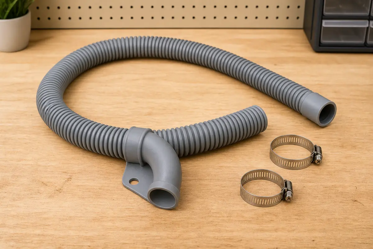 Model-style corrugated washing machine drain hose with molded elbow guide