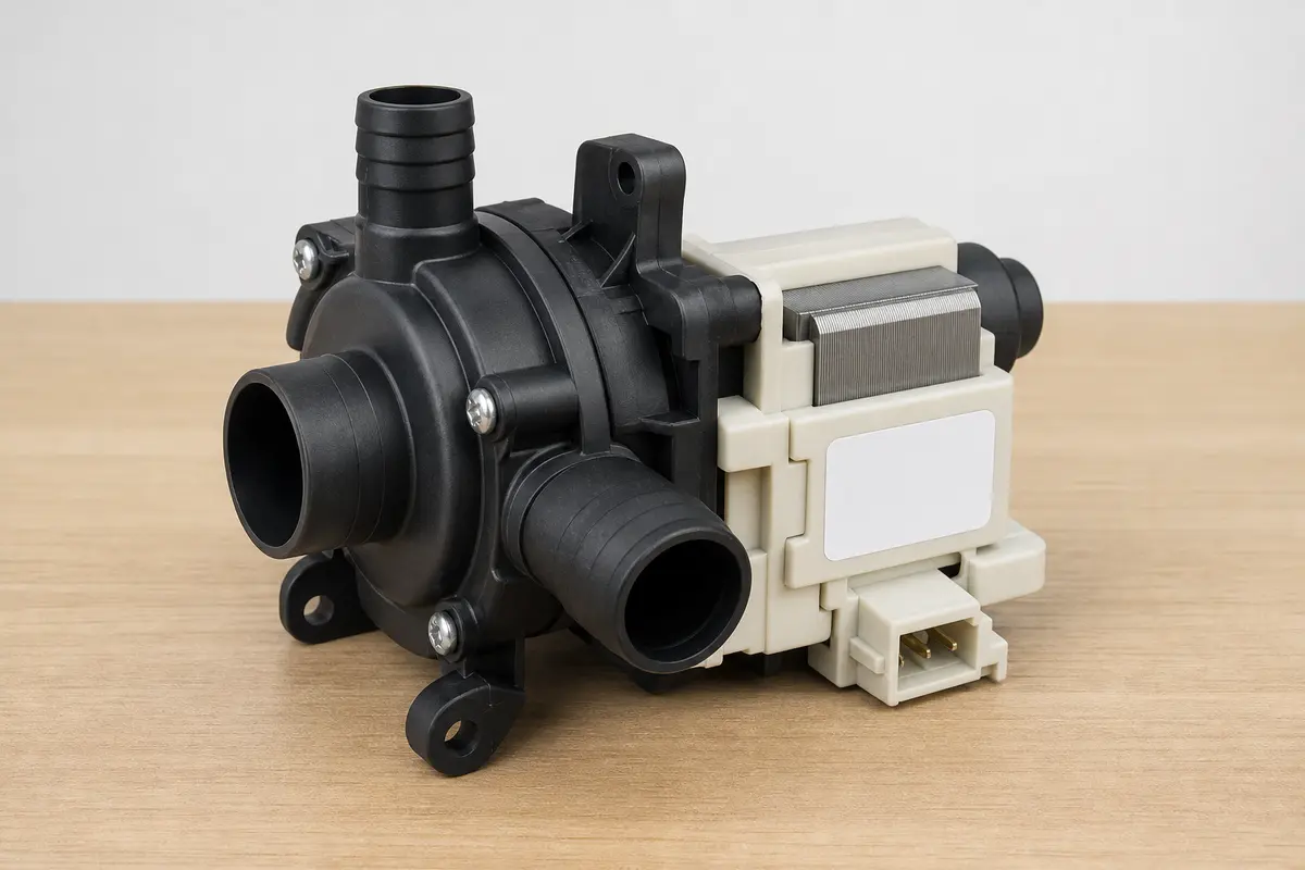 Model-style washer drain pump with hose ports, mounting points and connector