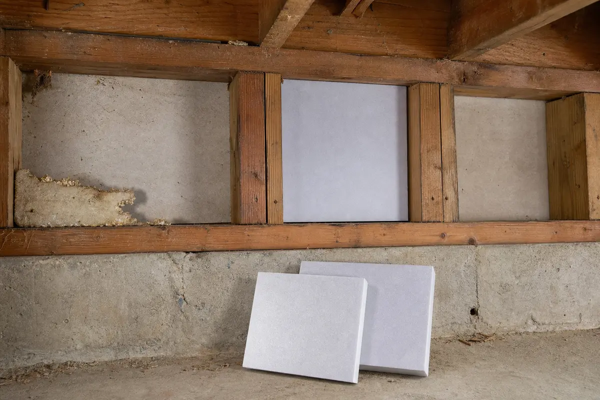 Rigid foam insulation panels cut for rim joist bay replacement
