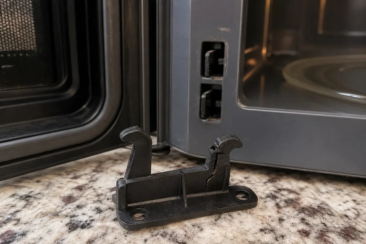 Microwave door latch replacement part shown beside the latch openings
