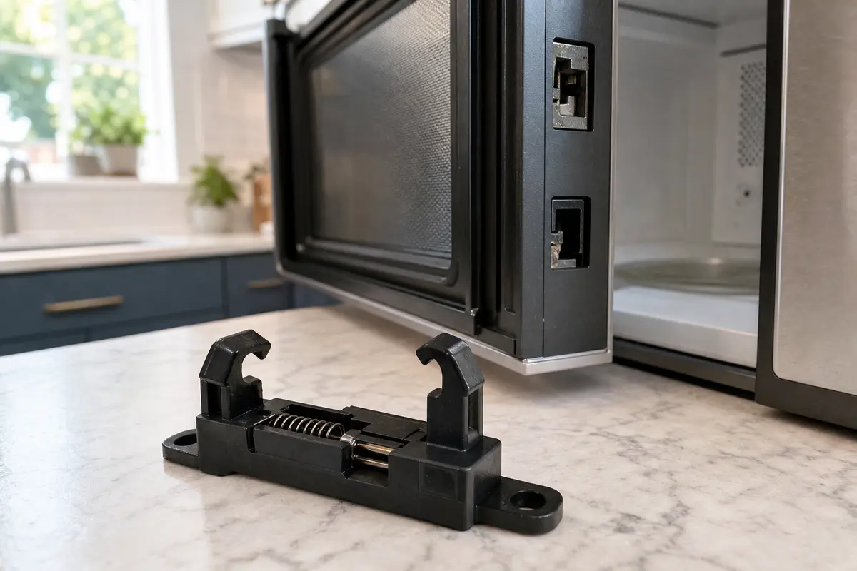 Replacement microwave door latch with plastic hooks and spring