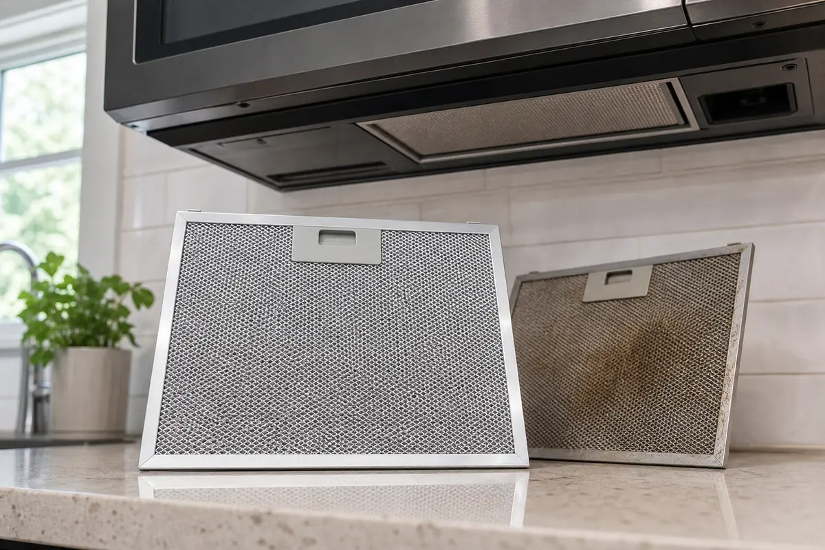 Over-the-range microwave grease filter replacement on a kitchen counter