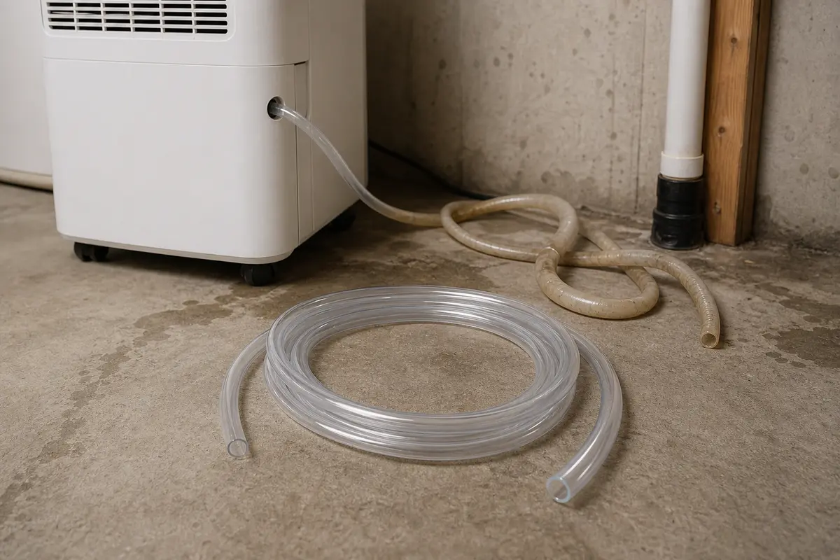 Clear replacement dehumidifier drain hose beside a dehumidifier drain outlet