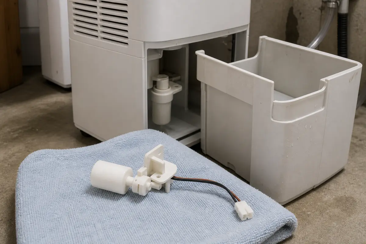 Dehumidifier float switch part shown beside the bucket and float area