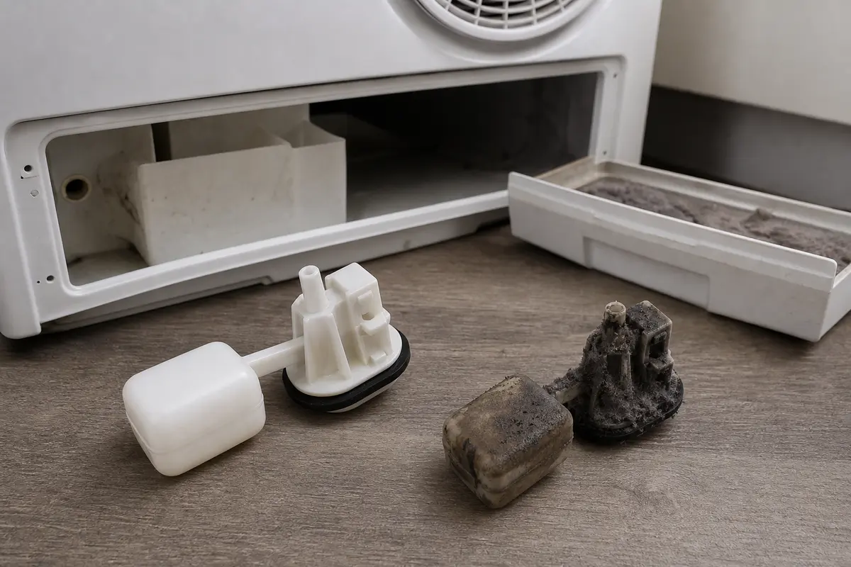 Dryer float and water level sensor parts beside a lower dryer filter tray