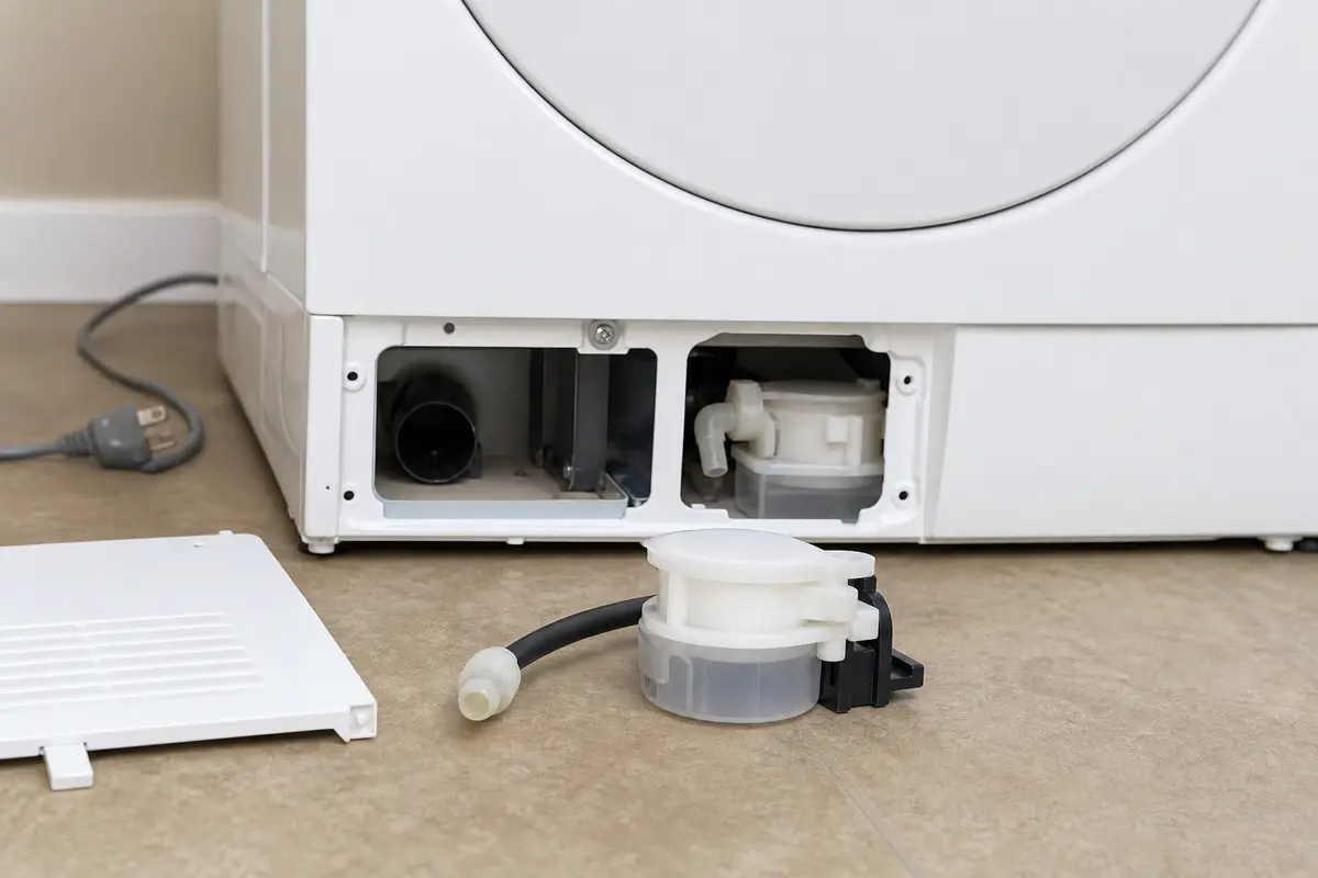 Dryer condensate pump assembly beside an unplugged lower dryer access area