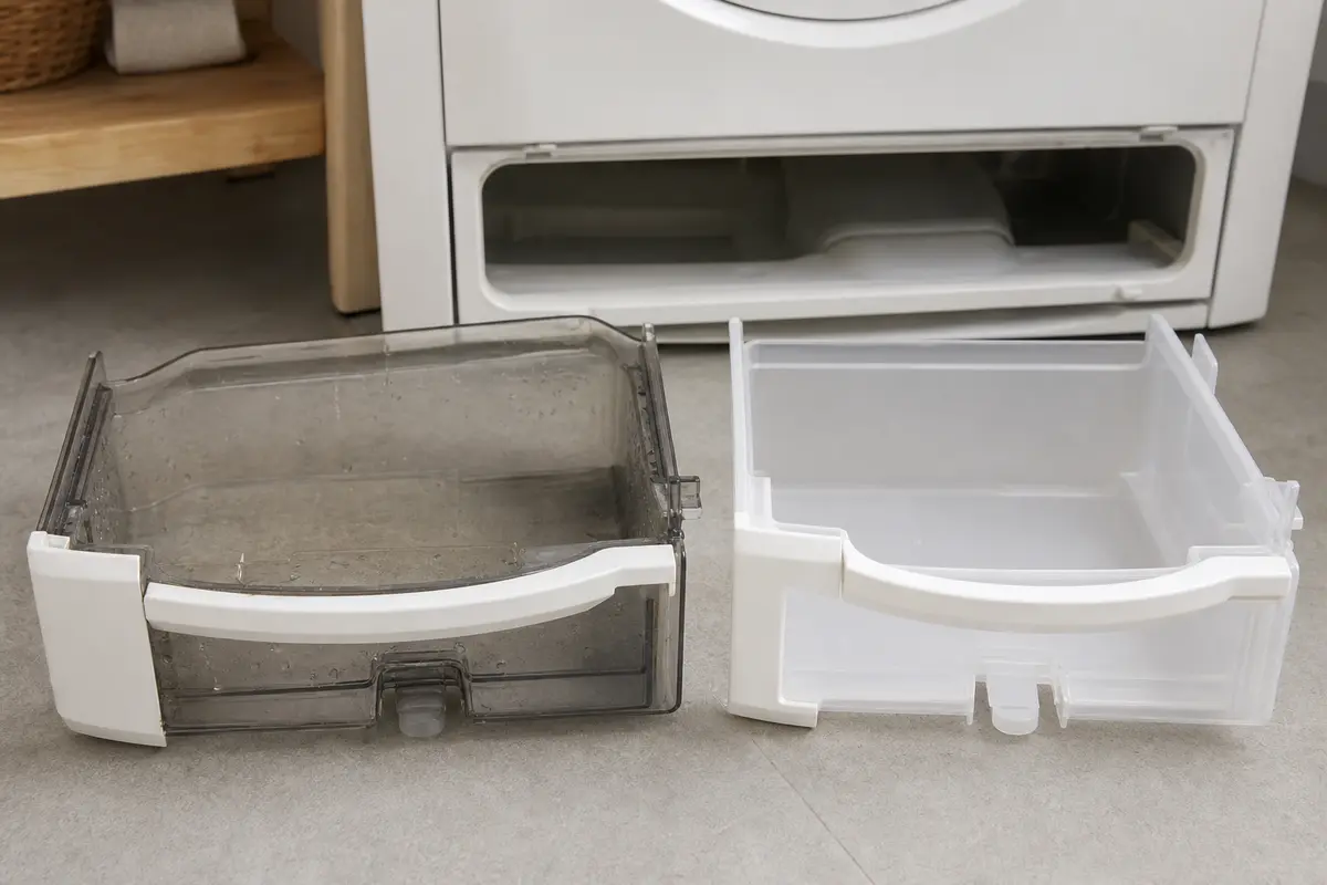 Replacement dryer water container compared with the original drawer shape