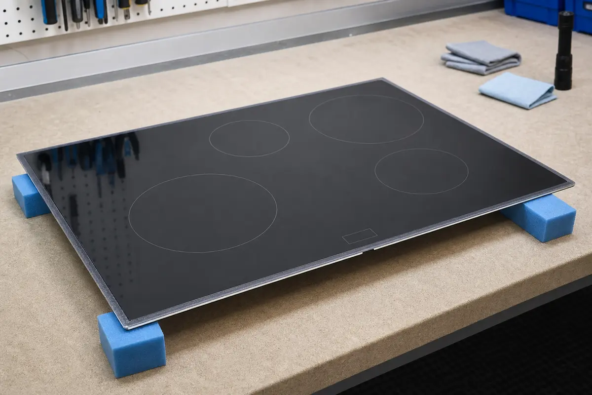 Glass cooktop surface supported on foam blocks with burner zones visible