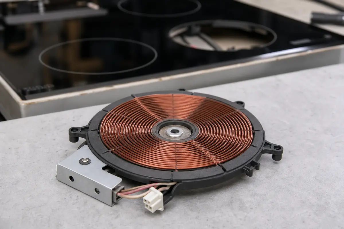 Under glass cooktop burner module with coil, wiring connector, and mounting points