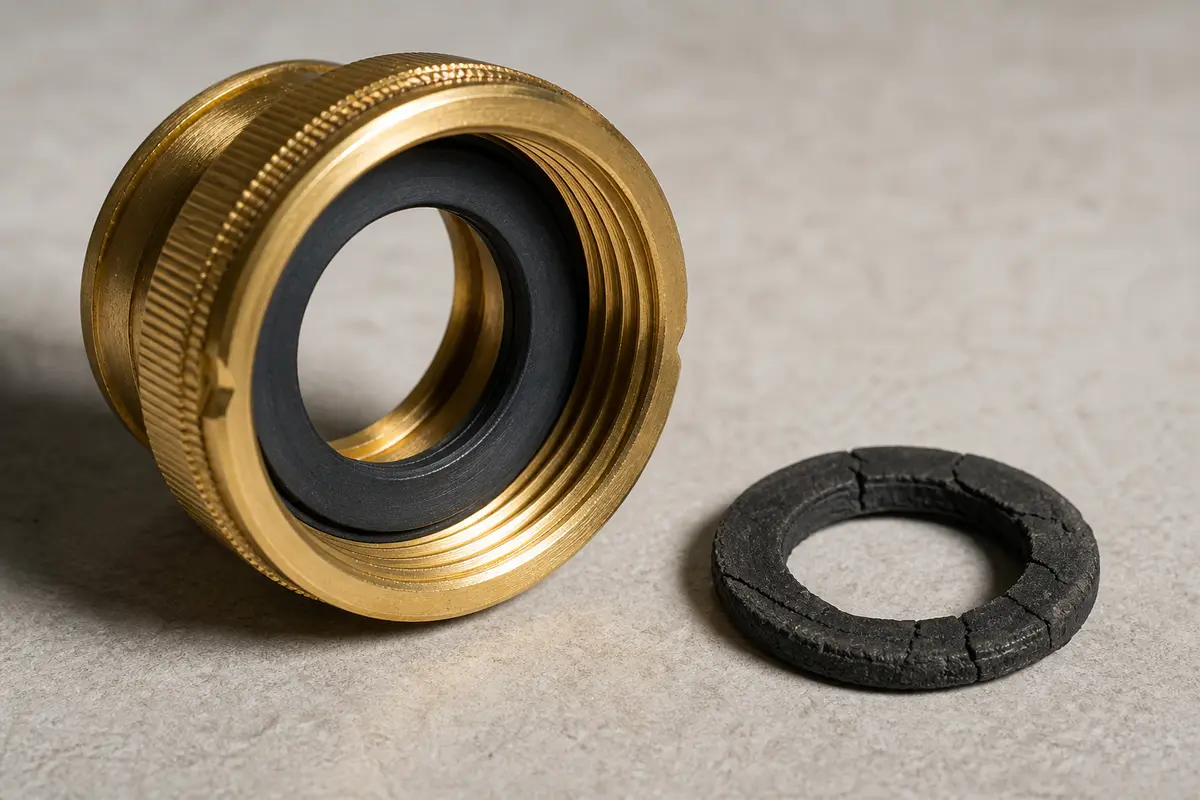 Flexible garden hose washer seated flat in female coupling beside worn cracked flattened washer