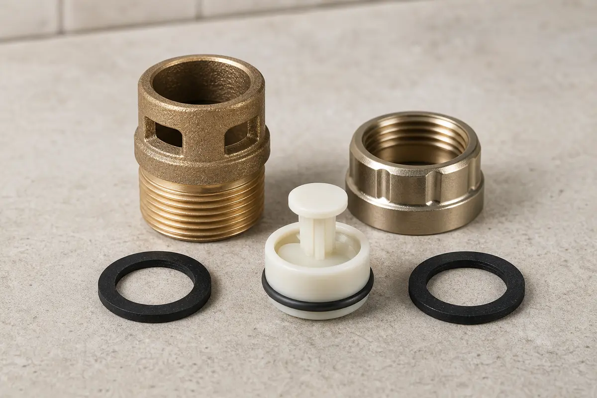 Matched vacuum-breaker body cap float and seals for one outdoor faucet model