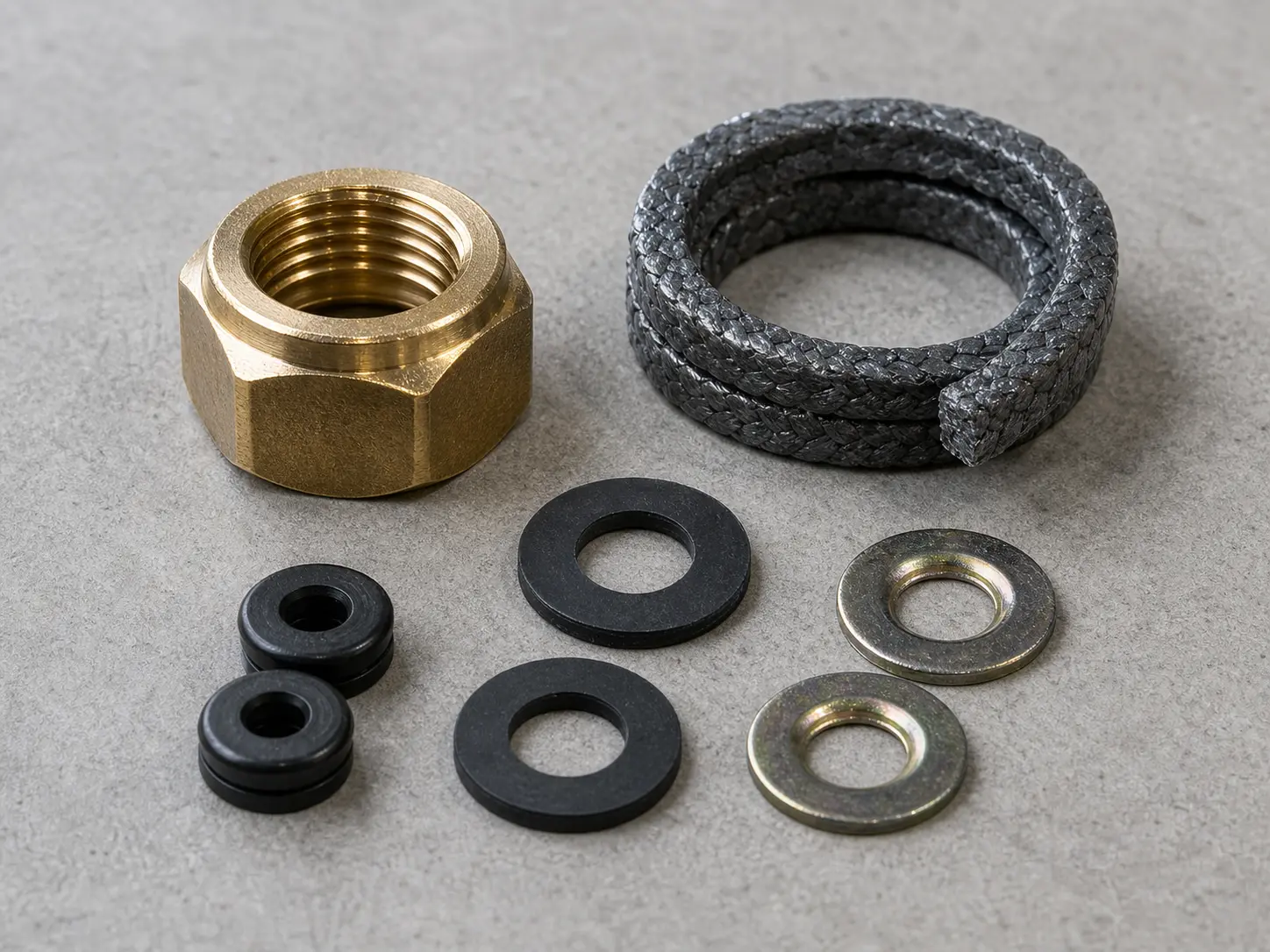 Outdoor faucet packing nut kit with graphite packing washers and brass nut