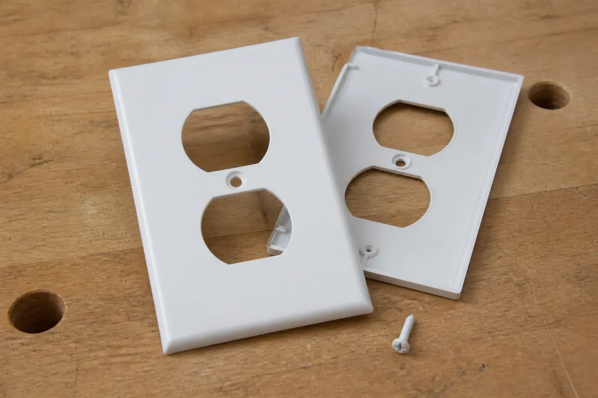 New duplex outlet faceplate shown front and back with matching screw