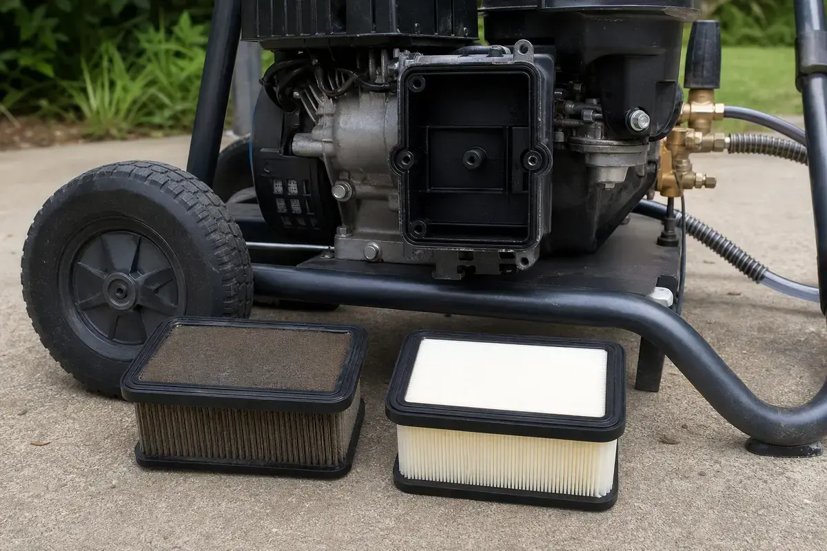 Clean pressure washer air filter compared with a dirty filter beside the opened air box