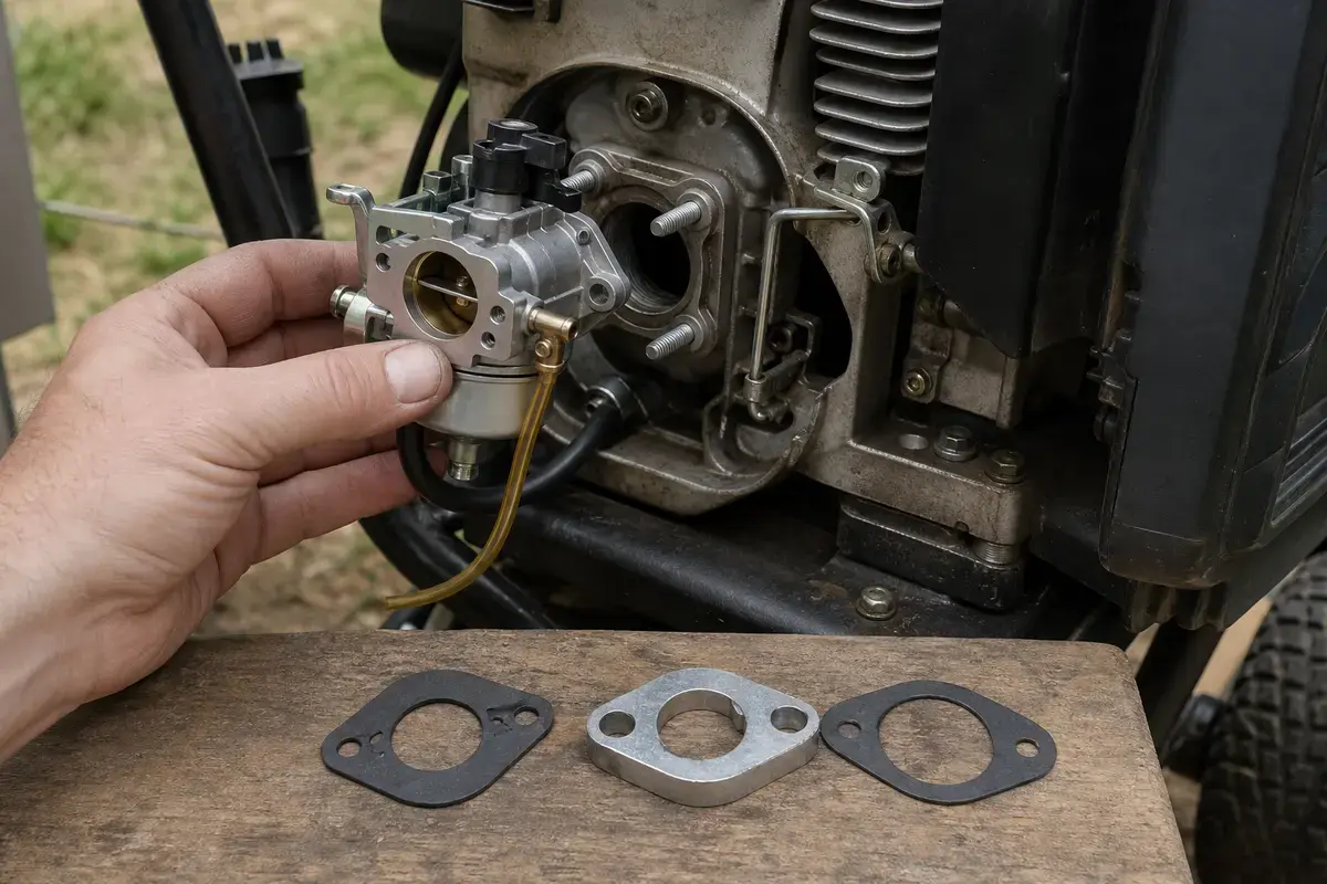 Pressure washer carburetor held at the mounting point before model-specific replacement