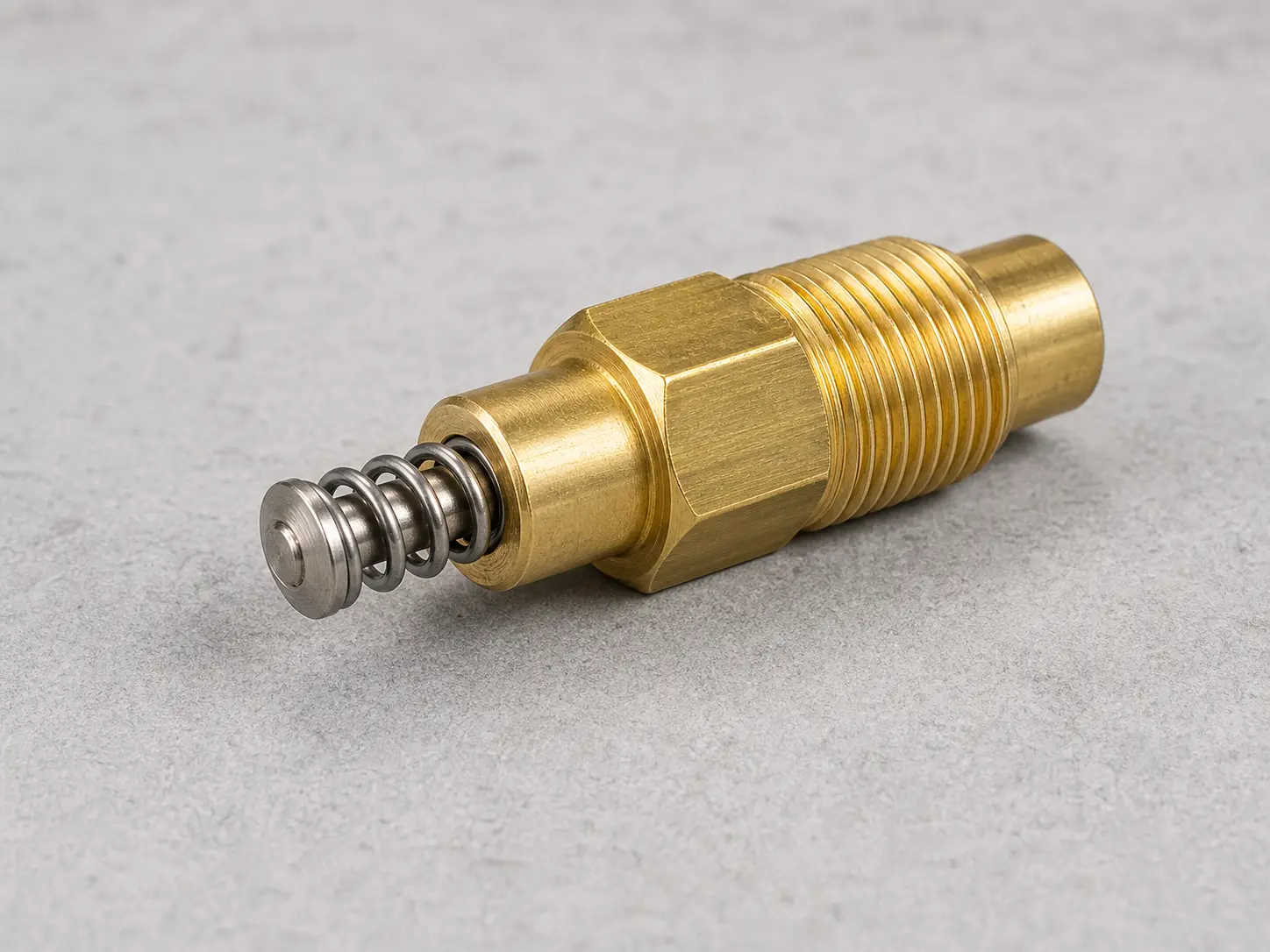Brass pressure washer thermal relief valve with threaded body, hex flats, spring, and metal seat