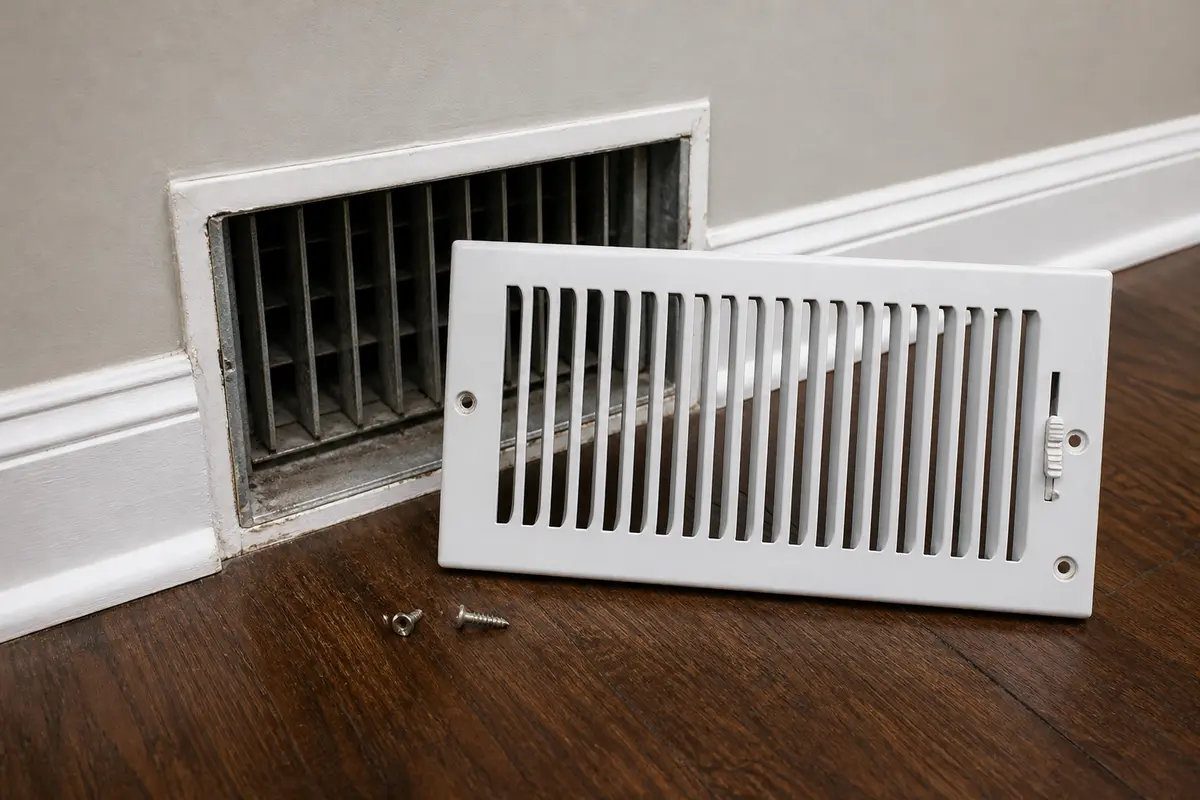 Adjustable supply register vent cover with damper for a rattling ductwork check