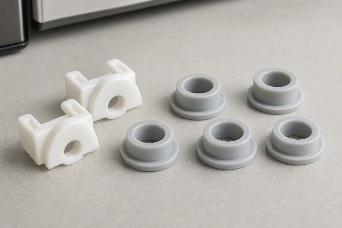 Refrigerator door hinge cams and hinge bushings for a door that drops or wobbles