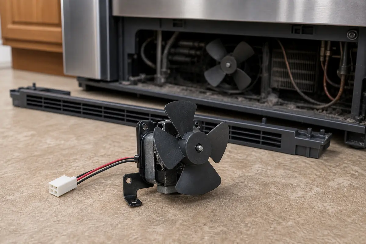Refrigerator condenser fan motor and fan blade for lower rear refrigerator noise repairs