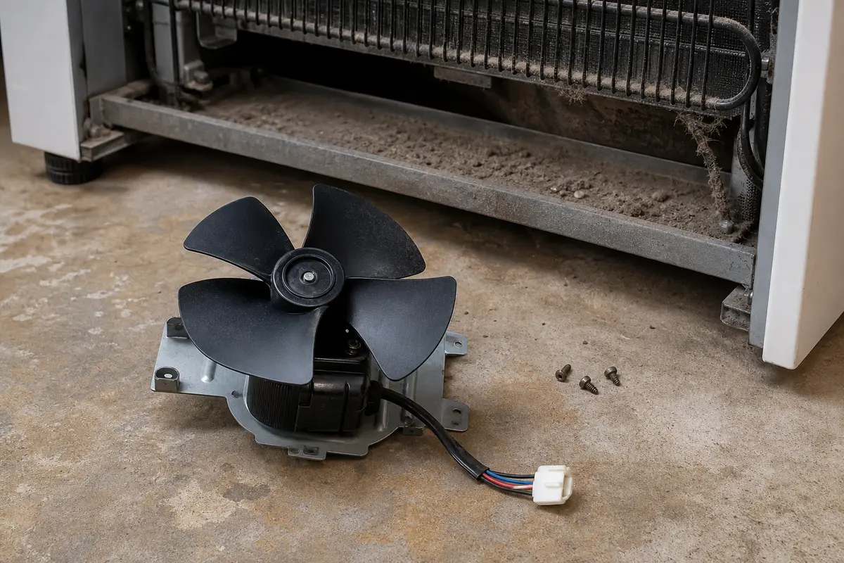Refrigerator condenser fan motor considered after constant running and poor heat rejection