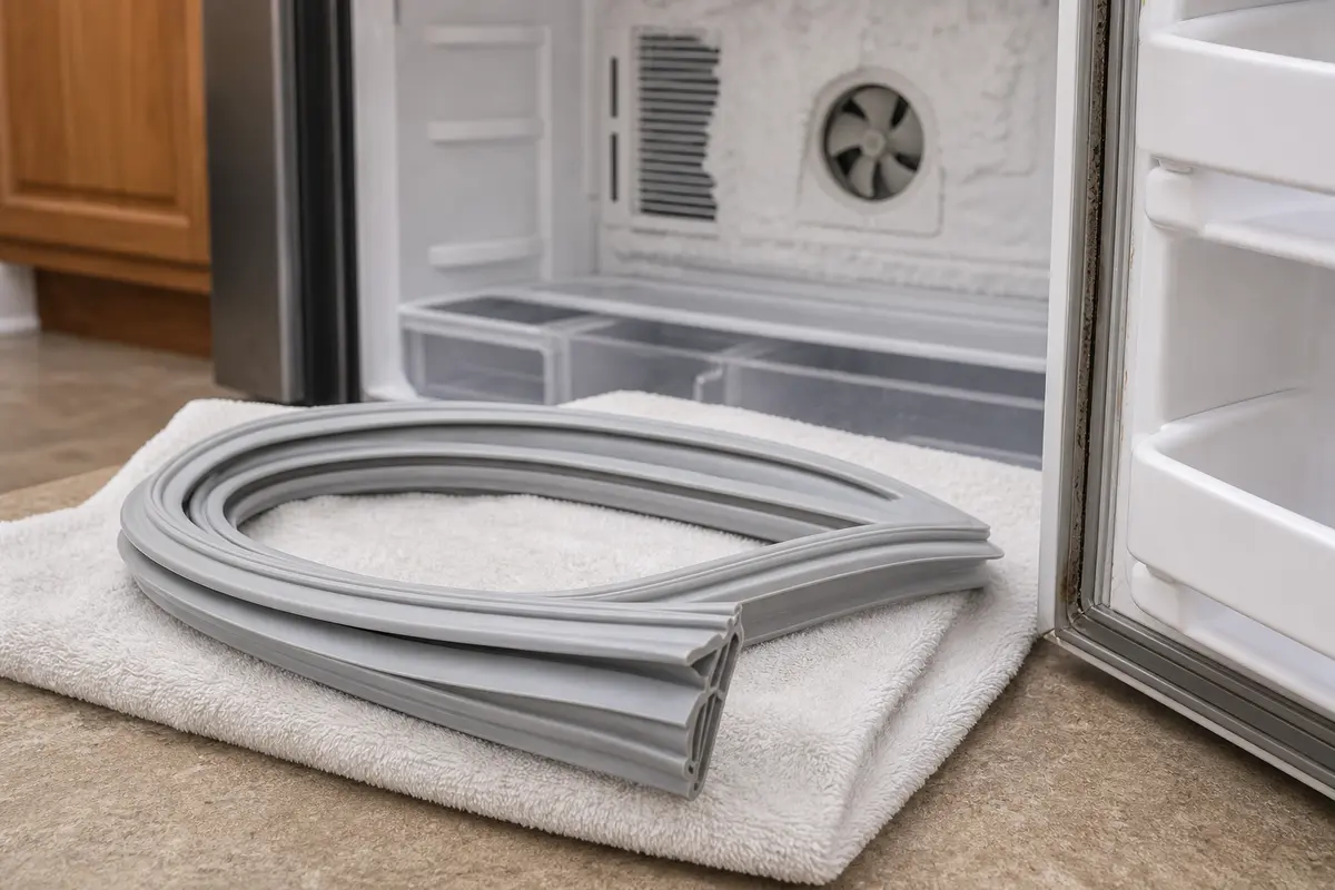 Refrigerator door gasket replacement seal for frost and freezer fan noise checks