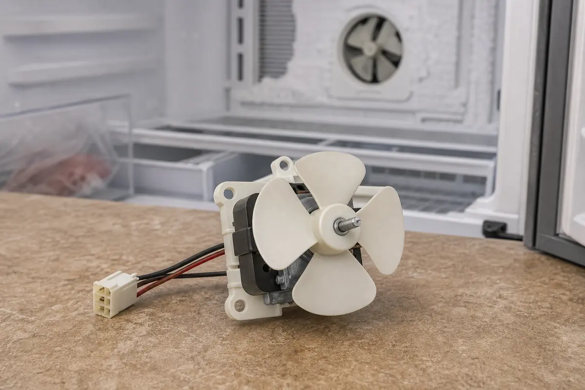 Refrigerator evaporator fan motor with blade and connector for freezer noise repairs